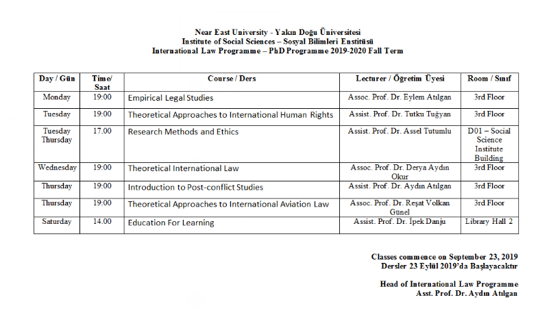 Course Timetables – NEU, Faculty of Law – International Law Department