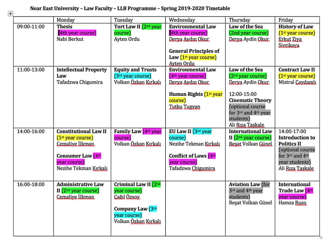 LL.B Law Timetable Spring 2019/2020 NEU Faculty of Law