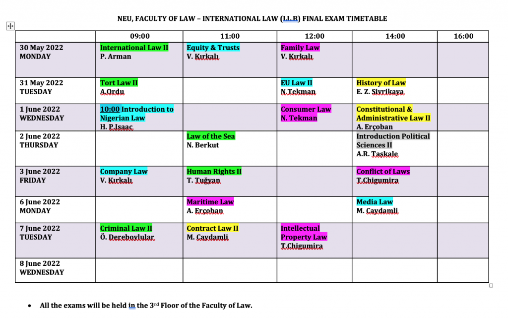 21/22 Spring Term Final Exams Timetable – NEU – Faculty of Law