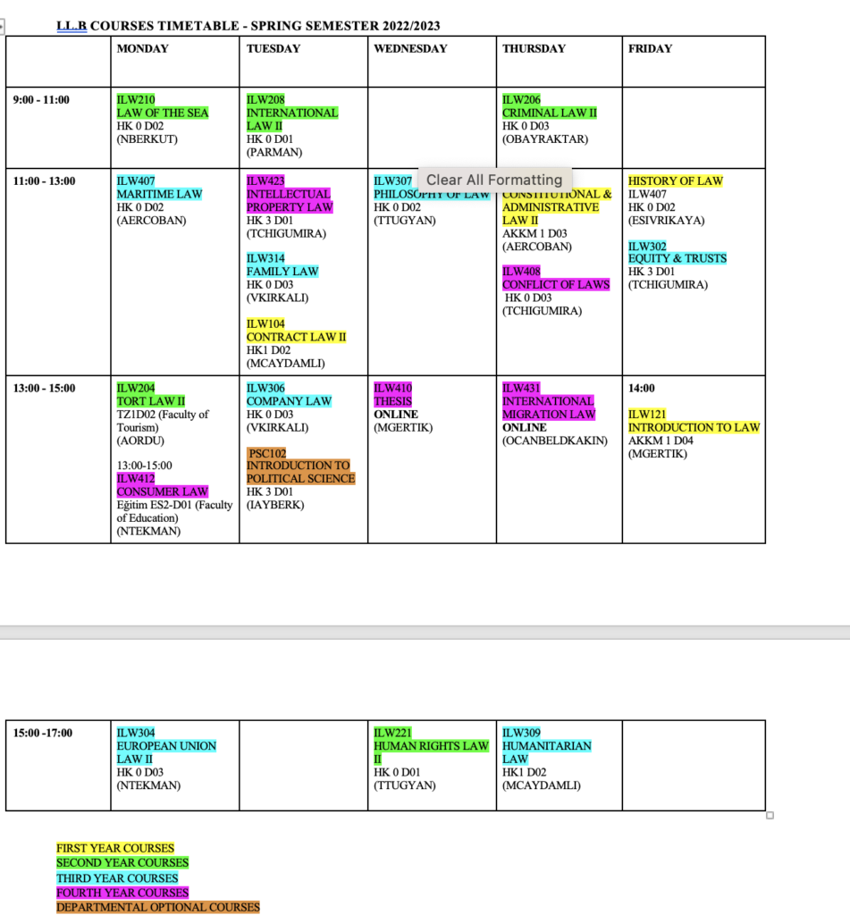 LL.B Law Program Timetable – Spring Term 2022/2023 – NEU – Faculty of