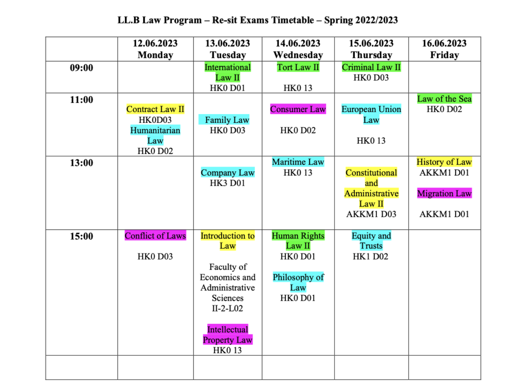 Re-sit Exams Timetable – 2022/2023 Spring Term – NEU – Faculty of Law