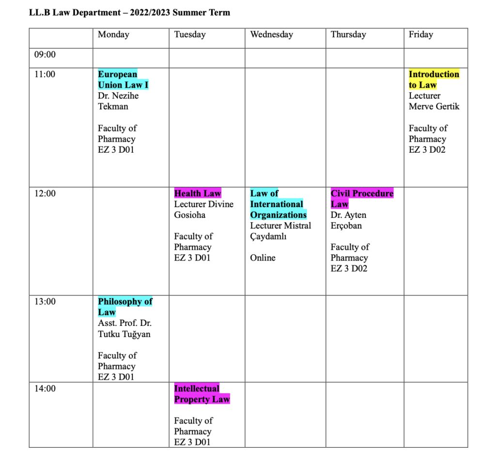 LL B Courses Timetable Summer Term 2022/2023 NEU Faculty of Law LL B Courses Timetable Summer Term 2022/2023 NEU Faculty of Law