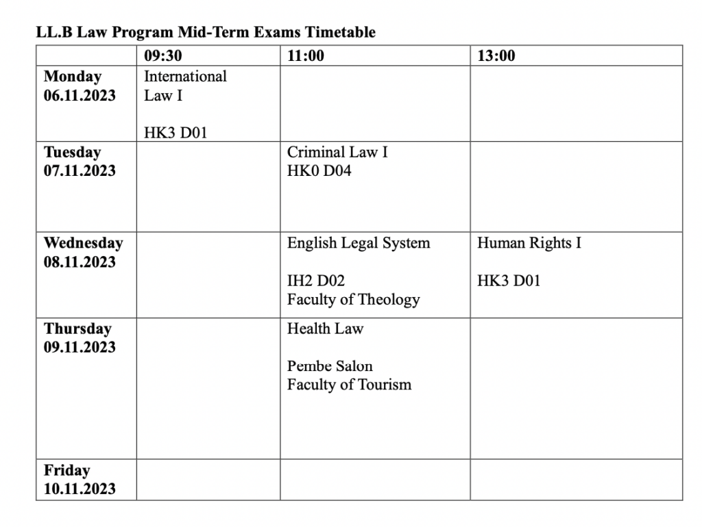 LL.B Law Program Midterm Exams Timetable Fall Term 23/24 NEU