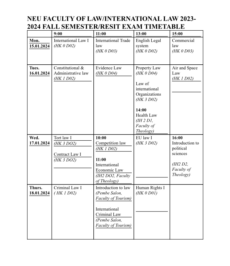 2023/2024 Fall Term Resit Exams Timetable NEU Faculty of Law